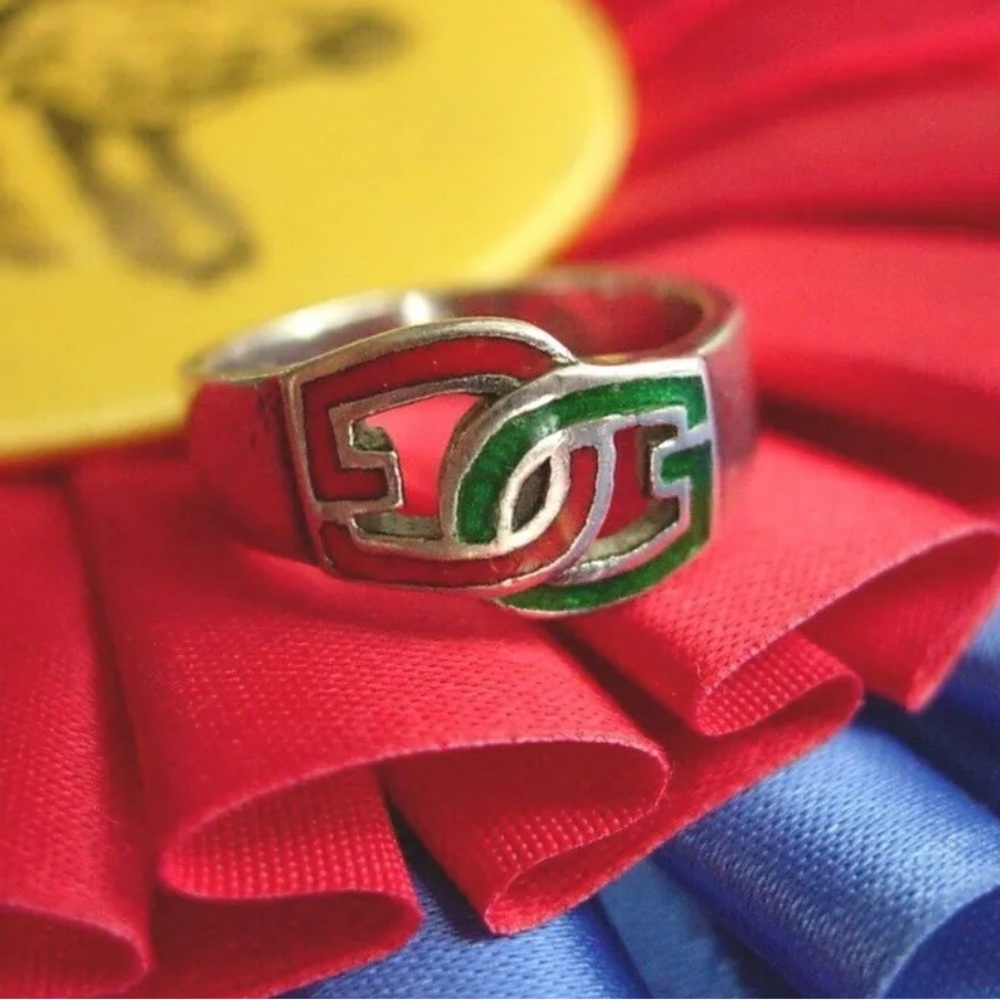 RARE Vintage GUCCI GG Red Green Logo Ring Silver 925 Enamel Couture Jewelry  ❤️